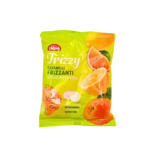 Sachet de bonbons Frizzy goût agrumes Liking 160g – sans gluten et sans colorants, visuel citron-orange pétillant