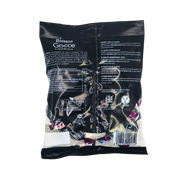 Dos de l’emballage des bonbons Réglisse Gocce Rossana Vegan 175 g, présentant les ingrédients et les informations nutritionnelles, bonbons italiens à la réglisse sans gluten.