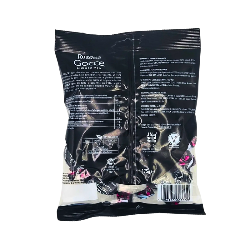 Dos de l’emballage des bonbons Réglisse Gocce Rossana Vegan 175 g, présentant les ingrédients et les informations nutritionnelles, bonbons italiens à la réglisse sans gluten.
