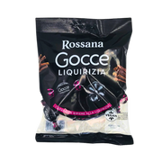 Bonbons Réglisse Gocce Rossana Vegan 175 g – image de l’emballage de bonbons italiens sans gluten.