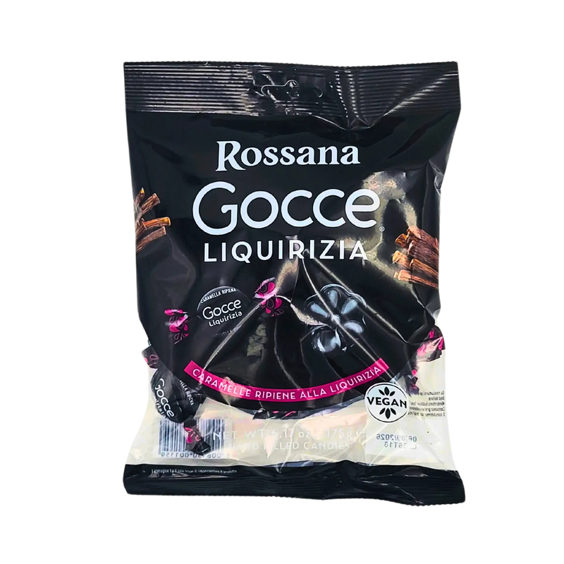 Bonbons Réglisse Gocce Rossana Vegan 175 g – image de l’emballage de bonbons italiens sans gluten.