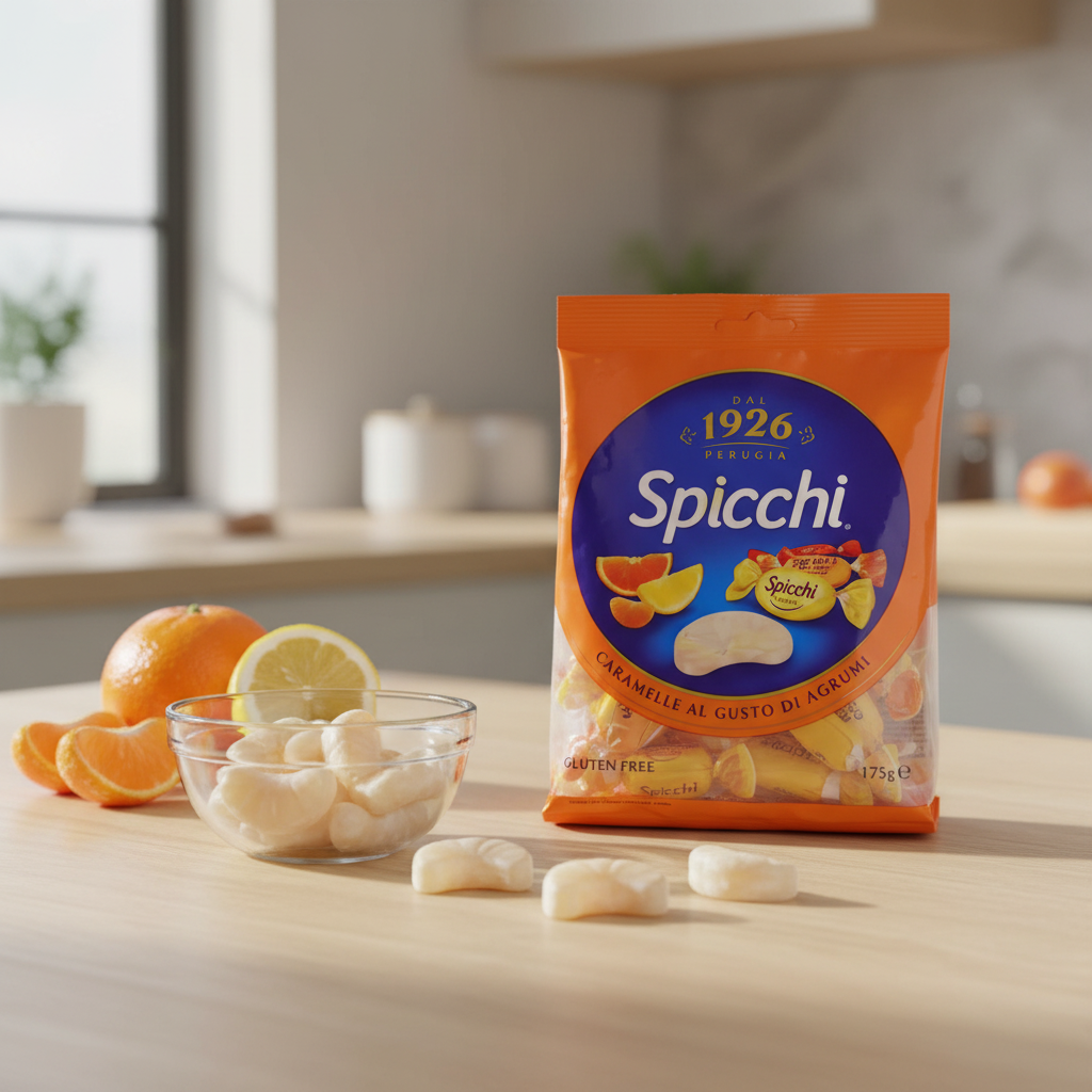Bonbons Spicchi Perugia – Quartiers d'agrumes (175 g) – mise en scène générée par IA à partir de la photo du produit