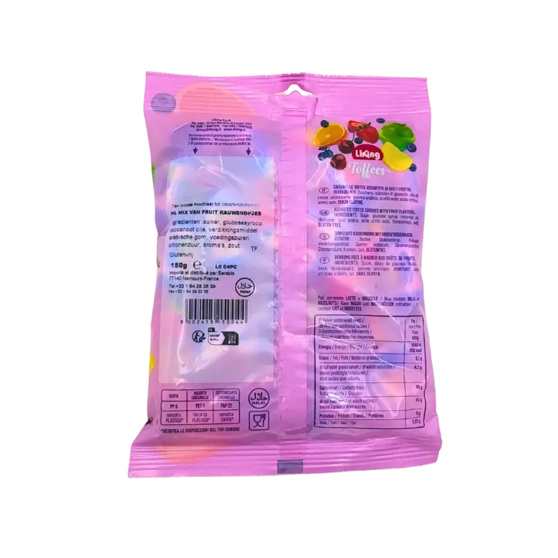 Informations nutritionnelles et ingrédients des bonbons Liking Toffees Assortite 150g – confiserie fruitée sans gluten