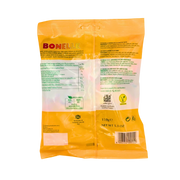 Emballage arrière des bonbons Bonelle Frutti Assortiti, vegan, sans gélatine animale, au goût de fruits, en sachet de 150 g.