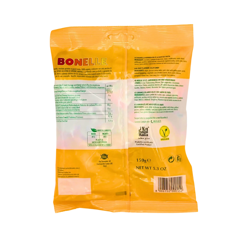 Emballage arrière des bonbons Bonelle Frutti Assortiti, vegan, sans gélatine animale, au goût de fruits, en sachet de 150 g.
