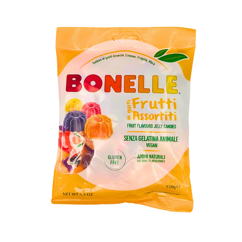 Emballage avant des bonbons Bonelle Frutti Assortiti, vegan, sans gélatine animale, au goût de fruits, en sachet de 150 g.