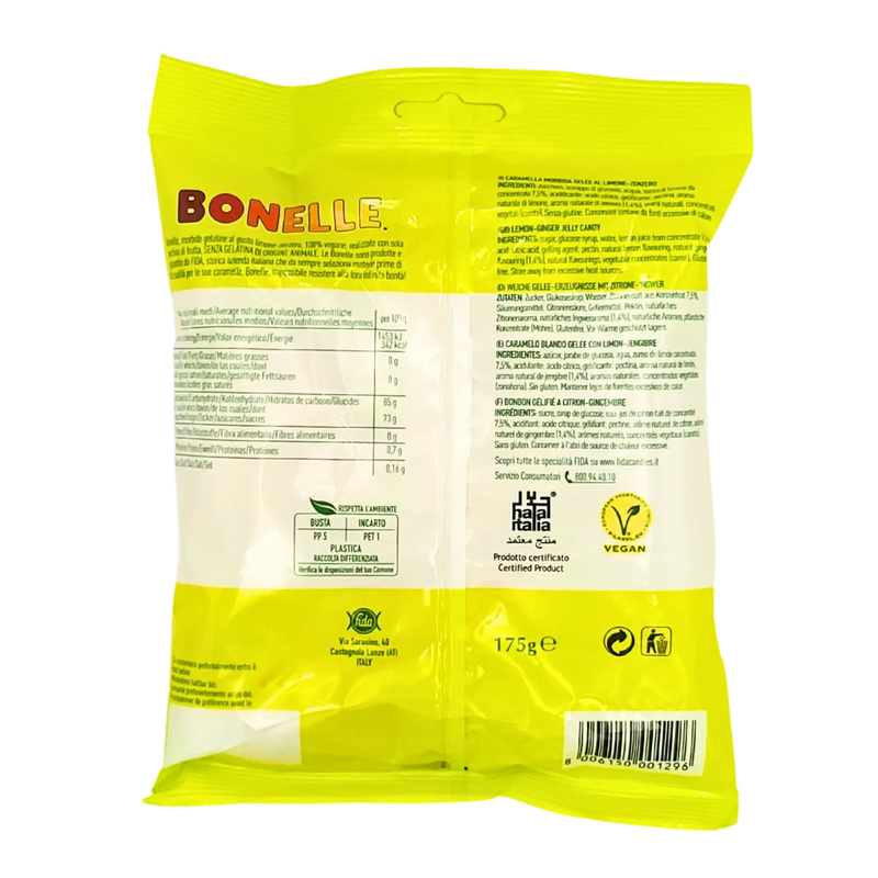 Dos de l’emballage des bonbons Citron Gingembre Bonelle Vegan 175 g, présentant les labels végan et sans gluten. Mots-clés : Bonbons véganes au citron et au gingembre.