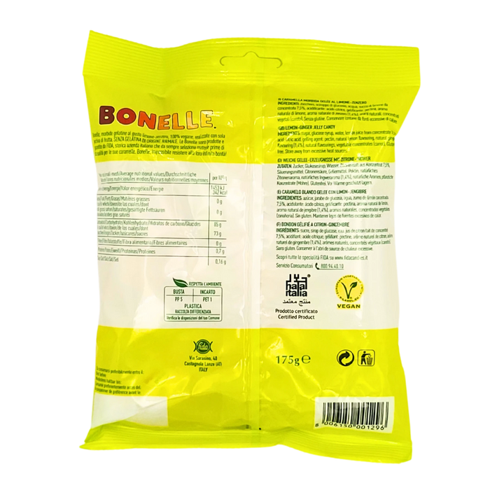 Vue arrière des bonbons Bonelle Limone Zenzero 175g avec tableau nutritionnel et ingrédients.