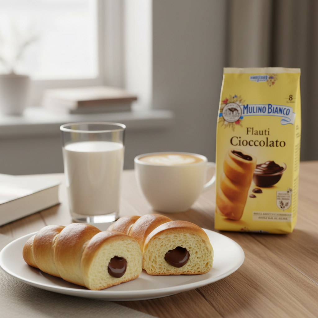 Flauti Cioccolato Mulino Bianco - Brioches au chocolat (280 g) – mise en scène générée par IA à partir de la photo du produit