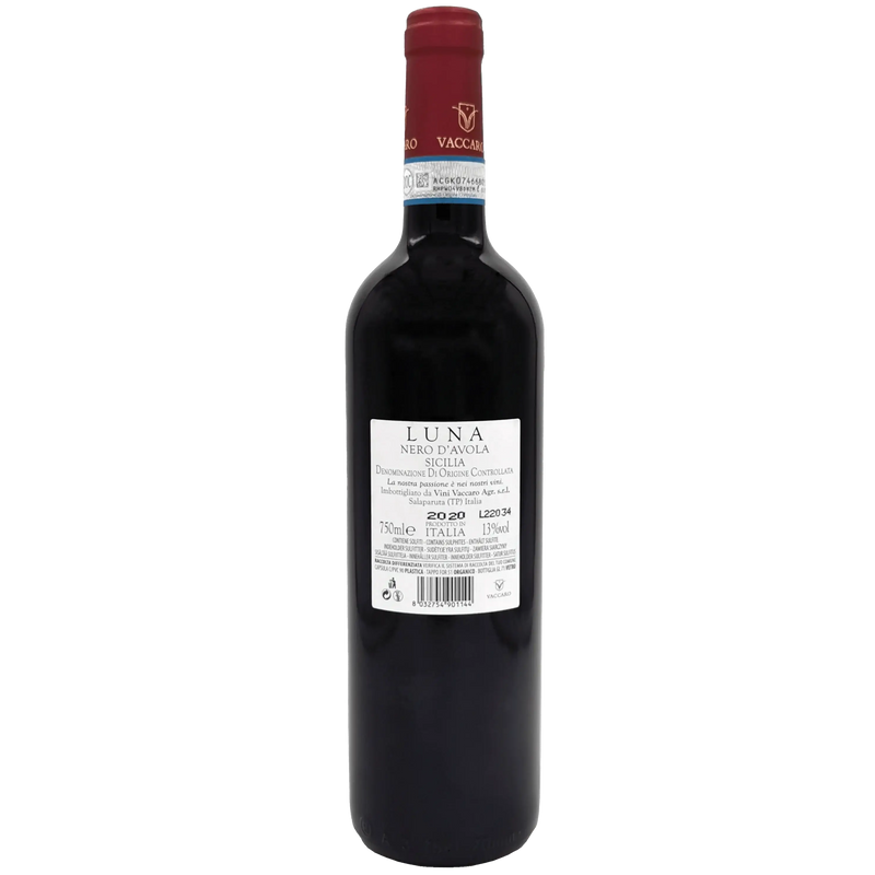 Bouteille de vin rouge Nero d'avola Luna Vaccaro 75cl, vin sicilien authentique.