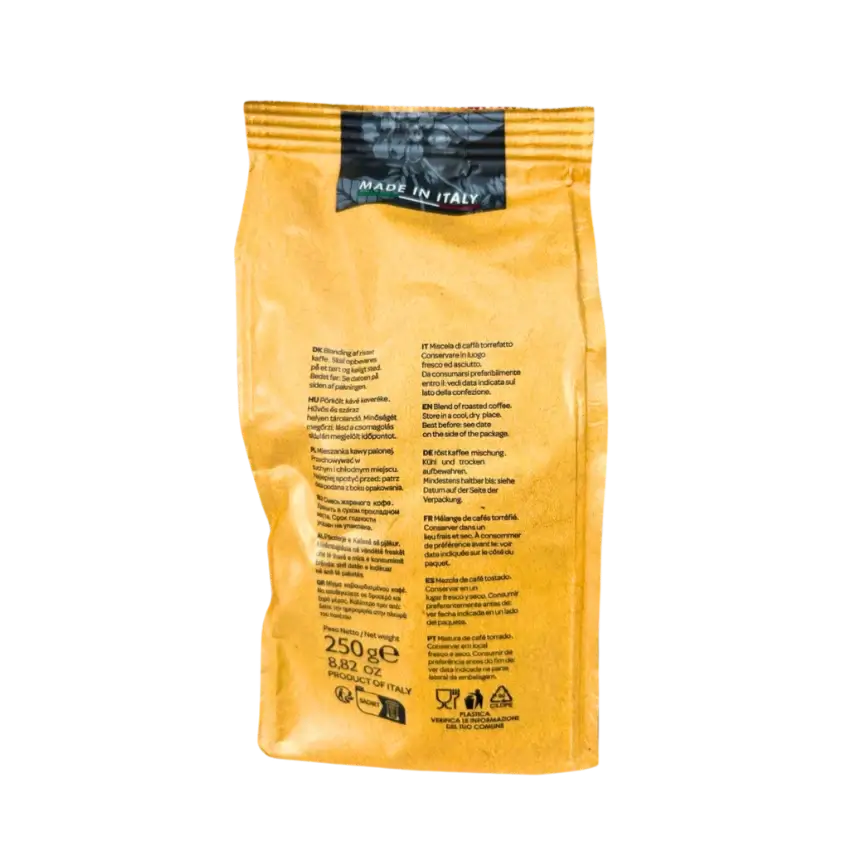 Back of the Miscela Bar Cafemoka 250g Italian ground coffee bag, with storage tips, the mention 'Made in Italy' and multilingual information about this roasted moka coffee.