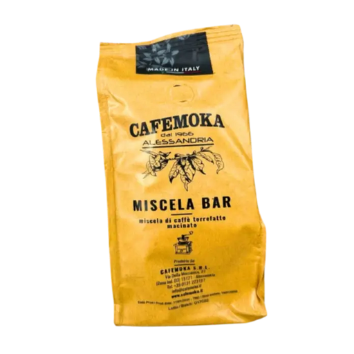 Face avant du paquet de café moulu italien Miscela Bar Cafemoka 250g, un mélange de café torréfié moulu typique des espresso italiens, parfait pour un usage barista maison.