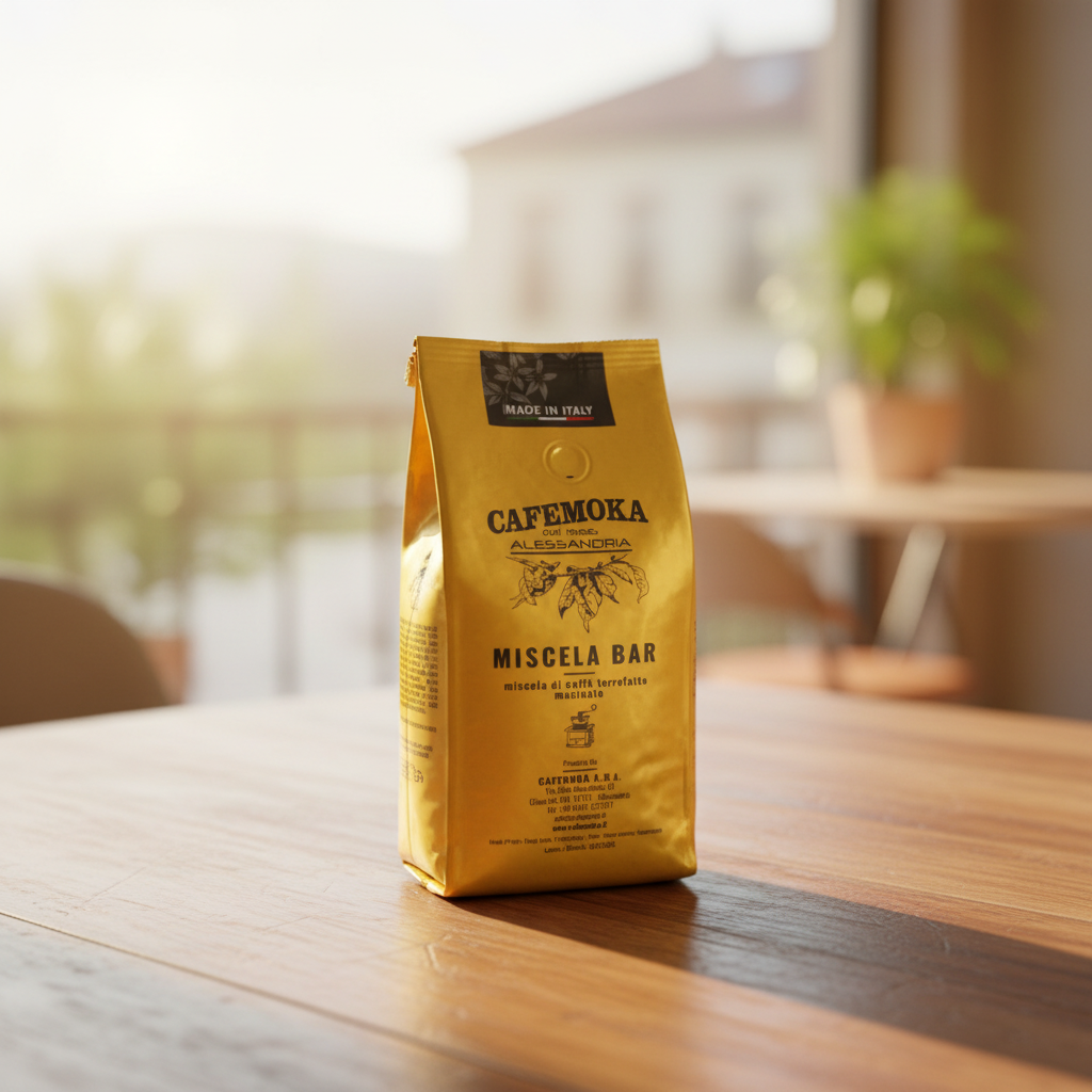 Miscela Bar Espresso CafeMoka sur une table en bois, en lumière naturelle