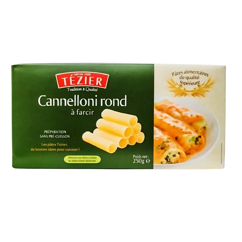 Image des Cannelloni Rond à Farcir - Tezier 250g avec un aperçu de la boîte et suggestion de recette au four.