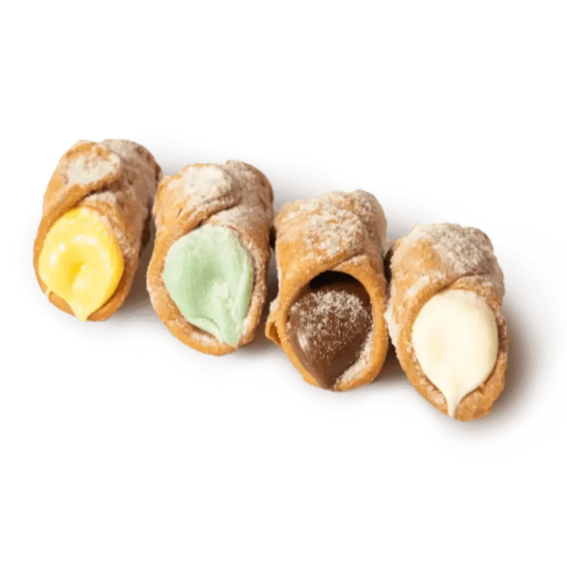 Assortiment de cannoli siciliens au chocolat D’Addezio présentant différentes garnitures crémeuses, incluant le mot-clé principal cannoli chocolat.
