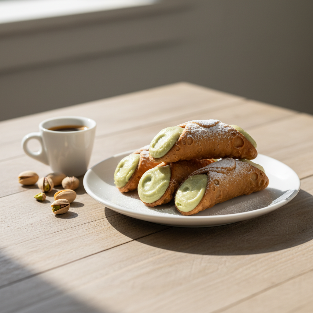 Cannoli Pistache Siciliens D'Addezio – Crème pistache (1 kg) – mise en scène générée par IA à partir de la photo du produit