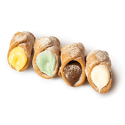 Quatre cannoli siciliens avec crème citron, pistache, chocolat et zabaione, enrobés de sucre glace