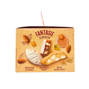Assortiment de biscuits italiens coffret avec cantuccini, ricciarelli et delizie, illustré sur l'emballage Fantasie Classiche.