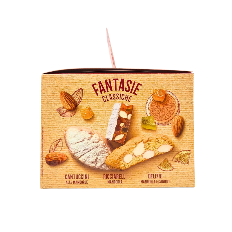 Assortiment de biscuits italiens coffret avec cantuccini, ricciarelli et delizie, illustré sur l'emballage Fantasie Classiche.