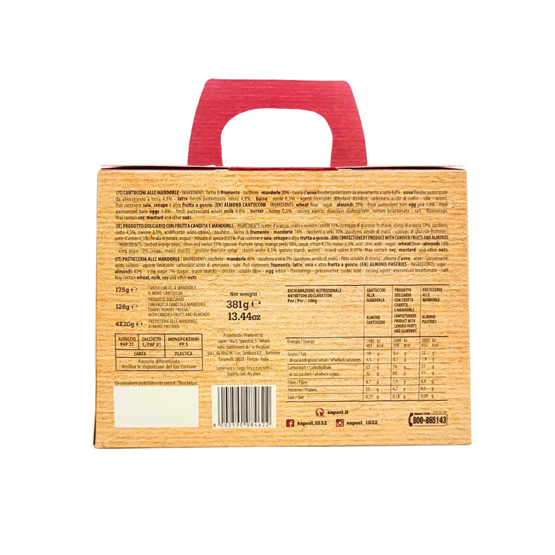 Vue arrière de l’assortiment de biscuits italiens – Coffret Aromatique, présentant les informations nutritionnelles sur l’emballage.