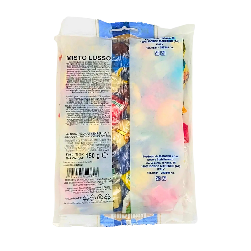 Bonbons italiens assortis Mangini 150 g dans un emballage coloré, mettant en valeur les confiseries artisanales italiennes traditionnelles.