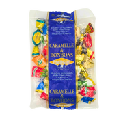 Emballage de bonbons italiens assortis Mangini 150 g, présentant des bonbons artisanaux au caramel colorés d’Italie.