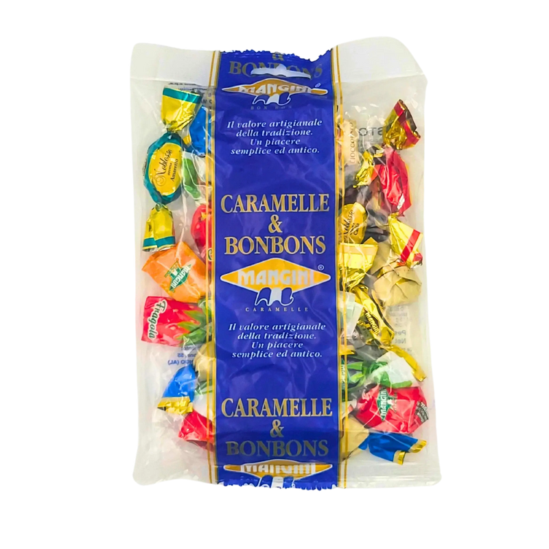 Emballage de bonbons italiens assortis Mangini 150 g, présentant des bonbons artisanaux au caramel colorés d’Italie.