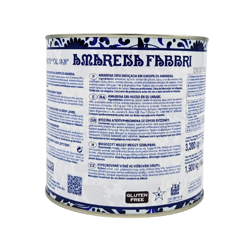 Boîte de 3,2 kg de cerises Amarena Fabbri en sirop, étiquette multilingue avec ingrédients