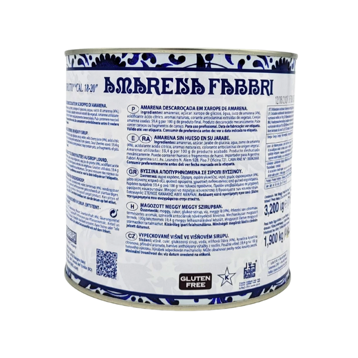 Boîte de 3,2 kg de cerises Amarena Fabbri en sirop, étiquette multilingue avec ingrédients