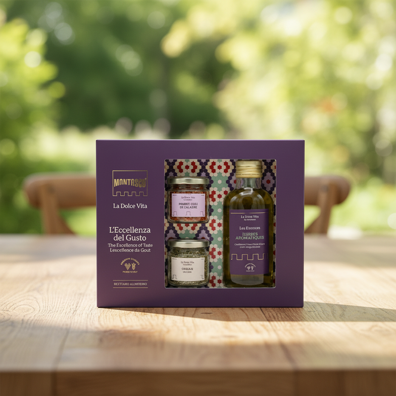 Coffret Herbes & Épices Montosco – La Dolce Vita (250ml + 15g + 25g)