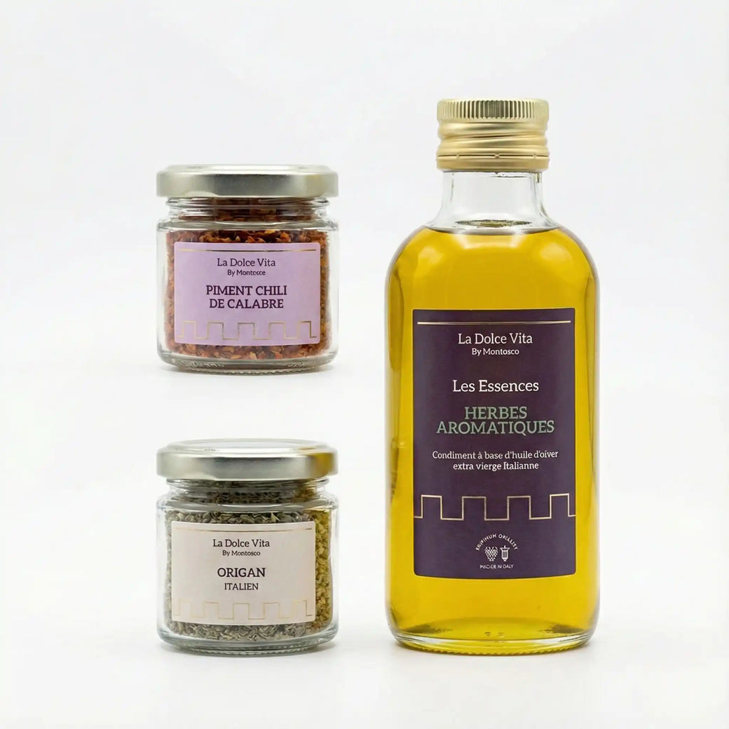 Coffret herbes et épices Montosco La Dolce Vita avec huile d’olive aux herbes, origan italien et piment chili de Calabre