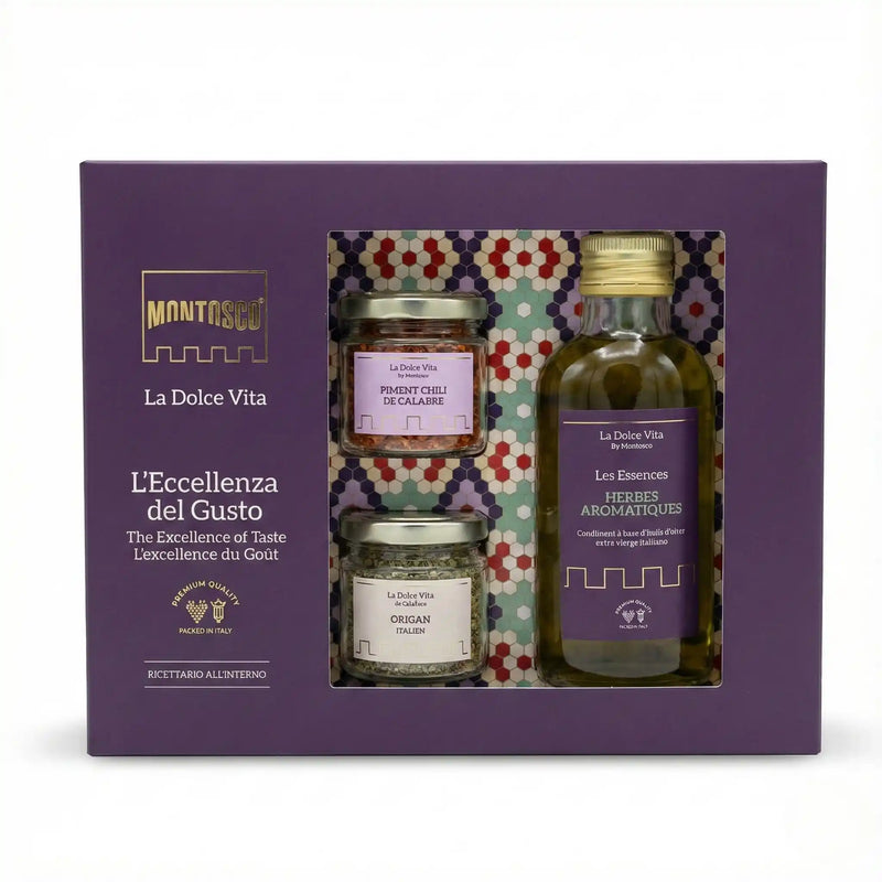Coffret herbes et épices La Dolce Vita by Montosco présenté avec une focaccia maison, huile d’olive aux herbes, origan italien et piment chili
