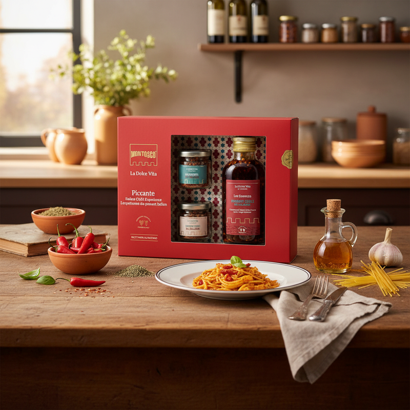 Coffret Piment Montosco – Piccante Italian Chilli Experience (250ML) - en situation d'usage
