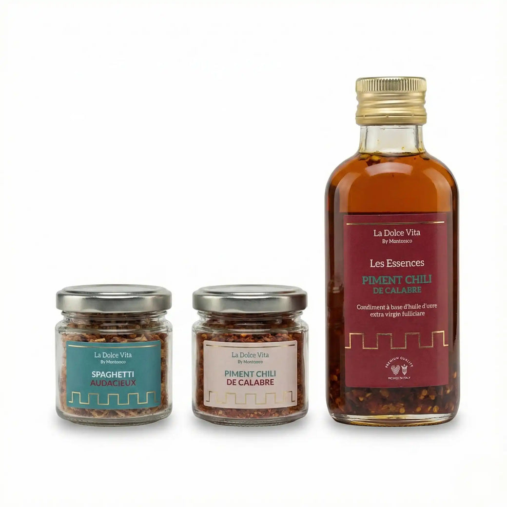 Huile d’olive au piment de Calabre et épices italiennes du coffret Piccante Montosco pour pâtes et pizzas