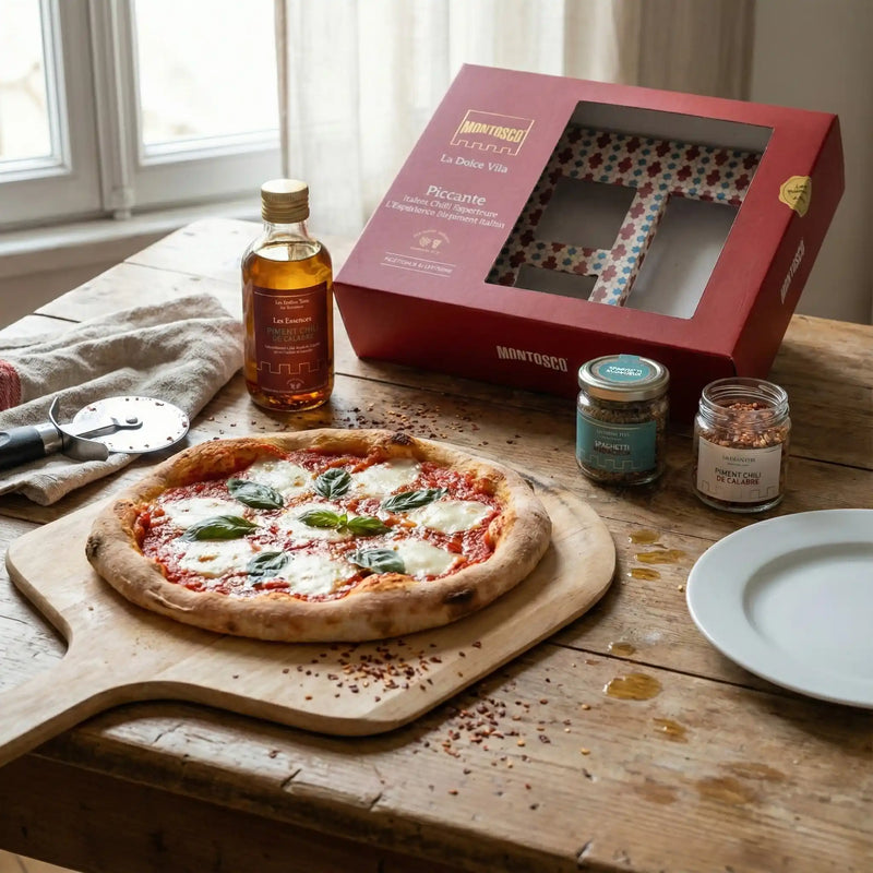 Pizza maison assaisonnée avec huile pimentée et épices du coffret Piccante Montosco, comme en Italie