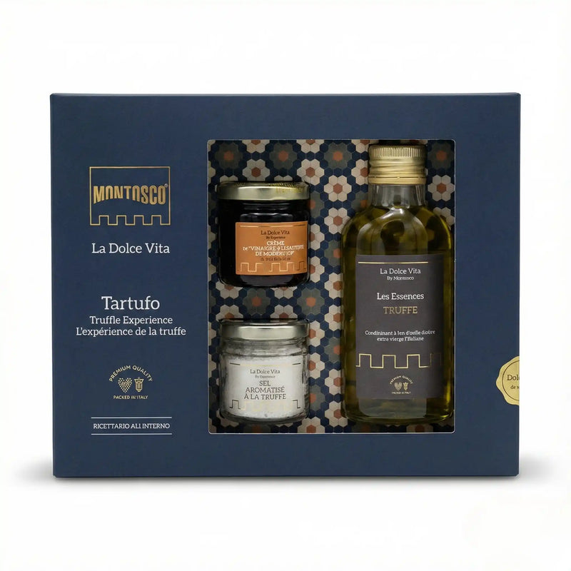 Coffret truffe La Dolce Vita by Montosco avec huile d’olive à la truffe, crème de vinaigre balsamique et sel aromatisé