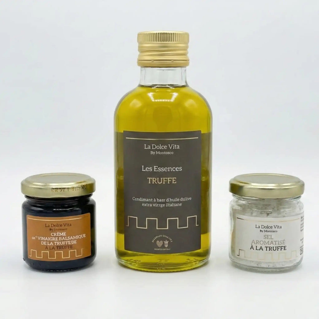 Produits du coffret truffe La Dolce Vita by Montosco avec huile d’olive à la truffe, crème de vinaigre balsamique et sel aromatisé
