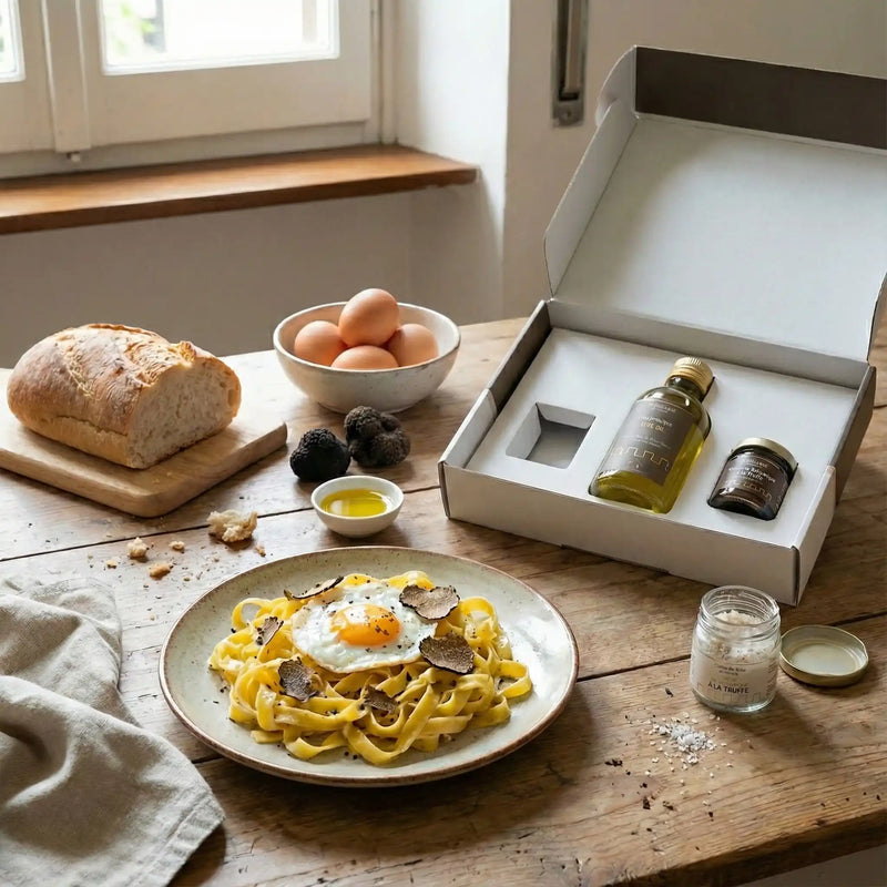 Coffret truffe La Dolce Vita by Montosco posé sur une table avec pâtes fraîches, œuf au plat et condiments à la truffe