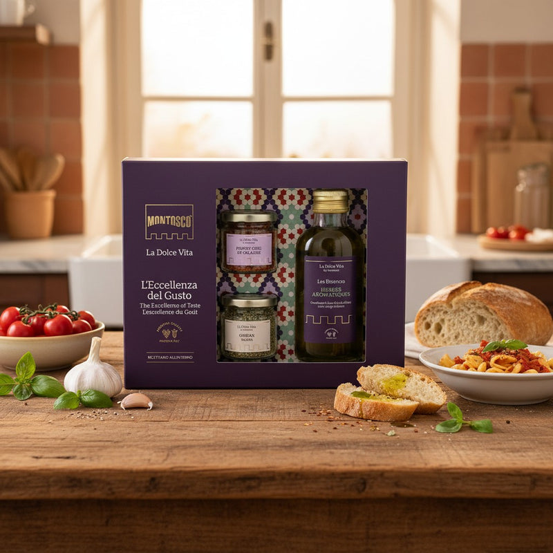 Coffret Herbes & Épices Montosco – La Dolce Vita (250ml + 15g + 25g) — cuisine italienne authentique