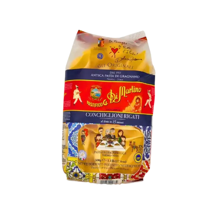 Emballage de conchiglioni Di Martino 500g, pâtes artisanales IGP, illustration colorée, tradition napolitaine, texture rigata.