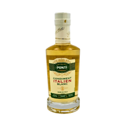 Face avant de la bouteille de condiment italien blanc Ponti 250ml, au design doré élégant, idéal pour assaisonner délicatement salades, poissons ou légumes.