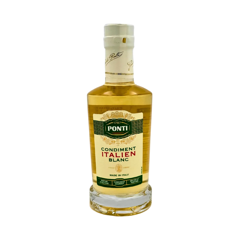 Face avant de la bouteille de condiment italien blanc Ponti 250ml, au design doré élégant, idéal pour assaisonner délicatement salades, poissons ou légumes.