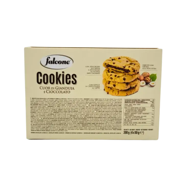Cookie gianduia Falcone, de Italiaanse koek met een hart van gianduia-crème en chocoladestukjes.