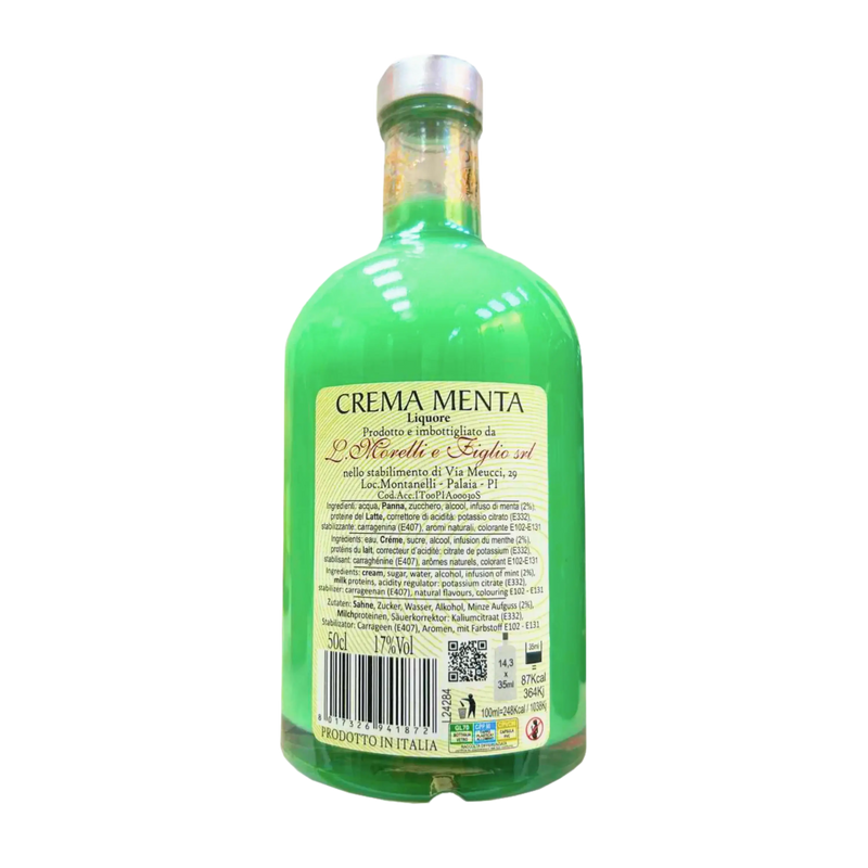 Bouteille de Crème di Menta Morelli 50 cl, liqueur de menthe italienne d’un vert éclatant, au goût intense et à l’étiquette détaillée.