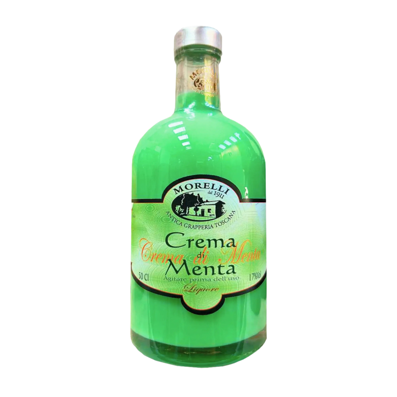 Crème di Menta Morelli 50 cl, liqueur de menthe italienne premium, à la saveur crémeuse et rafraîchissante.