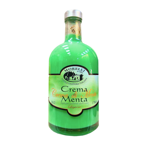 Vue avant de la bouteille de Crema di Menta Morelli, 50cl, liqueur italienne verte à la menthe avec étiquette élégante et logo de l'Antica Grapperia Toscana.