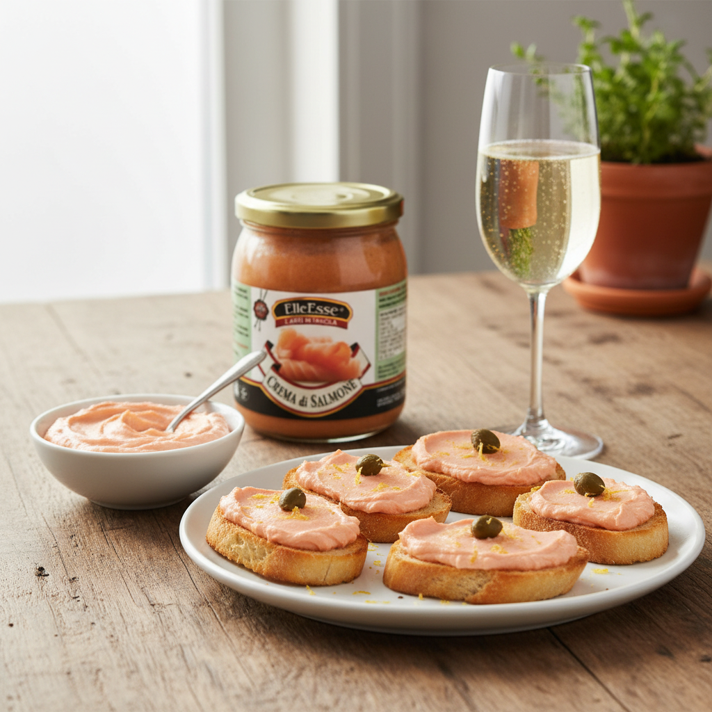 Crème de Saumon Fumé ElleEsse – Tartinade (520 g) – mise en scène générée par IA à partir de la photo du produit