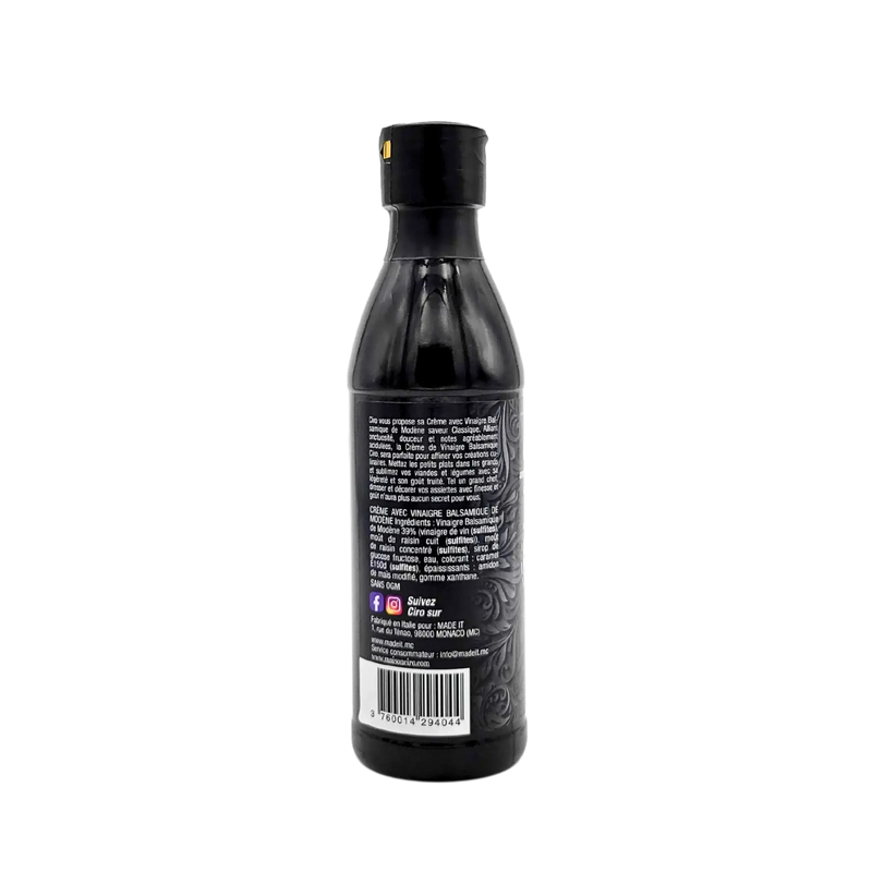 Bouteille de 250ml de crème balsamique classique Ciro, vue arrière, avec étiquette en noir et texte blanc. Élégant vinaigre balsamique.