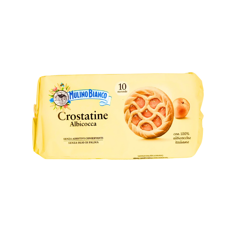 Emballage latéral des Crostatine à l'abricot, Mulino Bianco, 400g, sans huile de palme, produit italien.