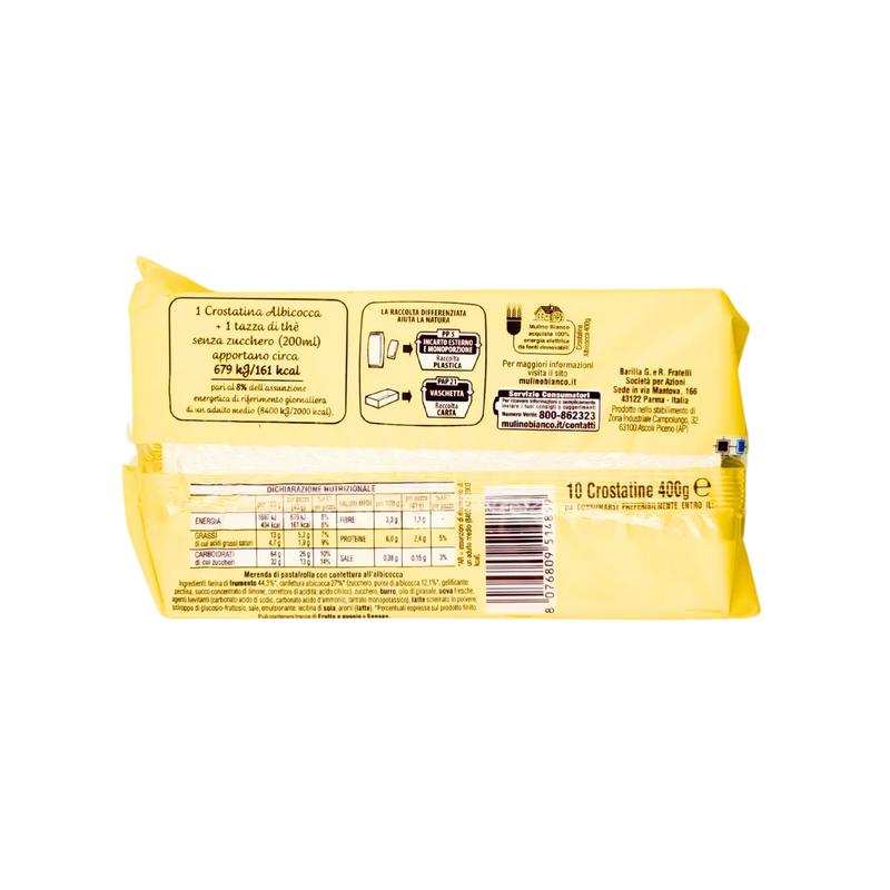 Tableau nutritionnel des tartelettes Crostatine à l'abricot, Mulino Bianco, 400g, produit italien adapté aux collations saines.